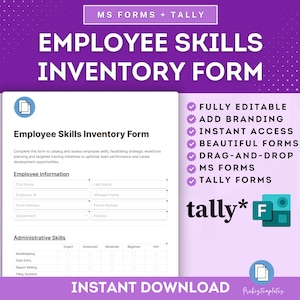 Può includere: Un modulo di inventario delle competenze dei dipendenti con sfondo bianco e accenti viola. Il modulo include campi per le informazioni sui dipendenti e le competenze amministrative. Il testo sul modulo include "Employee Skills Inventory Form" e "Instant Download."