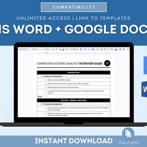 Puede incluir: Una pantalla de computadora port&aacute;til que muestra un documento titulado "Gu&iacute;a de Entrevista para Analista de Sistemas Inform&aacute;ticos". El documento est&aacute; formateado en una tabla con encabezados para Introducci&oacute;n y Preguntas Generales. El documento est&aacute; abierto en una aplicaci&oacute;n de Microsoft Word. El documento tambi&eacute;n es compatible con Google Docs.