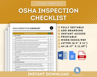Sjabloon voor OSHA-inspectiechecklist, evaluatieformulier voor arbeidsveiligheid, OSHA-nalevingscontrolelijst, beoordelingsformulier voor veiligheidsvoorschriften