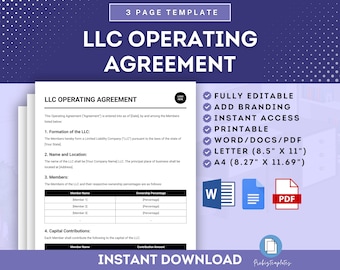 LLC Operating Agreement Form Template, Limited Liability Company Agreement, LLC, Single Member Operating Agreement, Owners Contract Editable