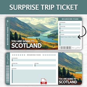 Billet cadeau surprise Écosse à imprimer, carte d'embarquement pour les vacances d'Édimbourg modifiable, pass escapade à Glasgow imprimable, billet cadeau voyage au Royaume-Uni
