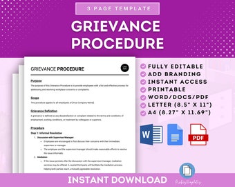 May include: A printable grievance procedure template in Word, PDF, and Letter size. The template is fully editable and includes a section for informal resolution, discussion with a supervisor/manager, and mediation.