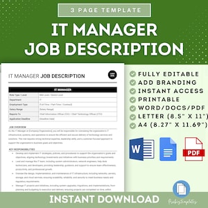 Puede incluir: Una plantilla de descripción de puesto de gerente de TI imprimible en verde y blanco. La plantilla es totalmente editable e incluye una lista de funciones: totalmente editable, agregar marca, acceso instantáneo, imprimible, Word/Docs/PDF, carta (8,5" x 11"), A4 (8,27" x 11,69").