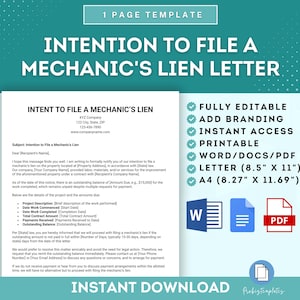 Plantilla de carta de intención de presentar un gravamen de mecánico, aviso de gravamen de mecánico, carta de intención de presentación de gravamen, plantilla de aviso de gravamen de construcción