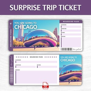 Printable Chicago Surprise Gift Ticket, Editable Illinois Boarding Pass, Printable Chicago IL Vacation Boarding Pass, Chicago Trip Ticket