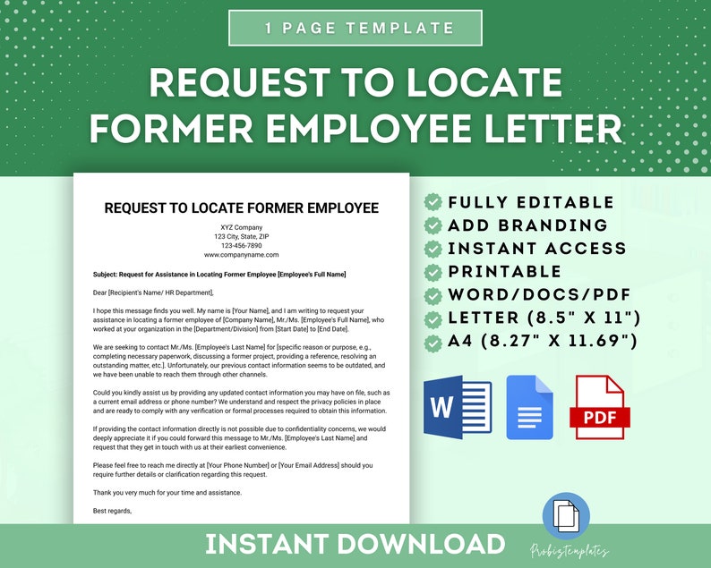 Co. Location Request Example Request to Locate Former Employee Letter Template, Former Employee ...