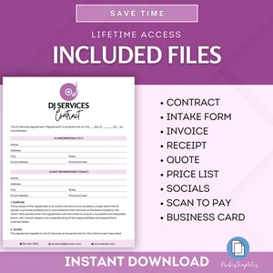 May include: A pink and white printable DJ Services Contract template with a DJ icon. The text "DJ Services Contract" is in a pink circle. The template includes a contract, intake form, invoice, receipt, quote, price list, socials, scan to pay, and business card. The text "Instant Download" is at the bottom of the image.