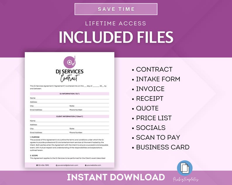 May include: A pink and white printable DJ Services Contract template with a DJ icon. The text "DJ Services Contract" is in a pink circle. The template includes a contract, intake form, invoice, receipt, quote, price list, socials, scan to pay, and business card. The text "Instant Download" is at the bottom of the image.