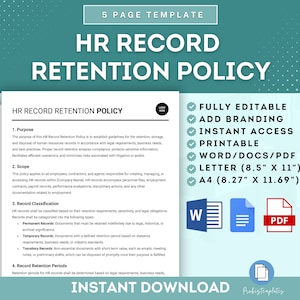 HR Record Retention Policy Template, Employee Document Retention, Human Resources Record Keeping Guidelines, Personnel File Retention Policy