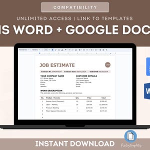 Puede incluir: Una pantalla de computadora port&aacute;til que muestra una plantilla de estimaci&oacute;n de trabajo en un documento de Microsoft Word. La plantilla incluye secciones para los detalles del cliente, la descripci&oacute;n del trabajo, el producto/servicio, la cantidad, el precio y el total. La plantilla es compatible con Microsoft Word y Google Docs.