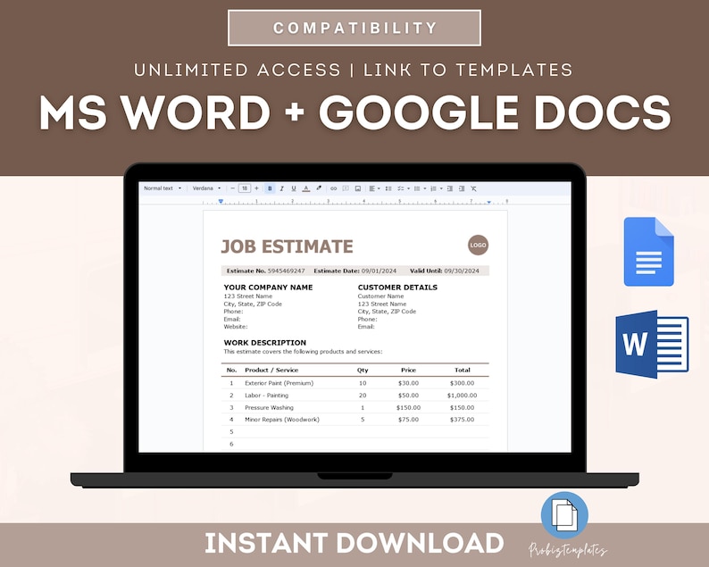 Puede incluir: Una pantalla de computadora port&aacute;til que muestra una plantilla de estimaci&oacute;n de trabajo en un documento de Microsoft Word. La plantilla incluye secciones para los detalles del cliente, la descripci&oacute;n del trabajo, el producto/servicio, la cantidad, el precio y el total. La plantilla es compatible con Microsoft Word y Google Docs.
