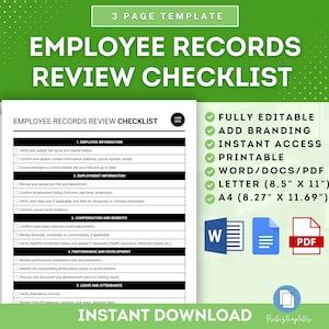 May include: A checklist template for reviewing employee records. The checklist is divided into five sections: Employee Information, Employment Information, Compensation and Benefits, Performance and Development, and Leave and Attendance. The template is fully editable, printable, and available in Word, PDF, Letter (8.5" x 11"), and A4 (8.27" x 11.69") sizes.