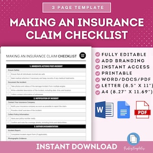 Könnte beinhalten: Eine druckbare Checkliste für die Erstellung eines Versicherungsanspruchs. Die Checkliste ist in drei Abschnitte unterteilt: Sofortige Maßnahmen nach dem Vorfall, Benachrichtigung über den Vorfall und Sammeln von Dokumenten. Die Checkliste ist in den Formaten Word, PDF und Brief verfügbar.