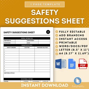 Workplace Safety Suggestions Sheet Template, Workplace Safety Recommendation Form, Workplace Hazard Prevention, Workplace Safety Improvement