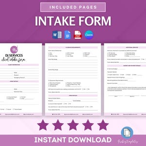 May include: A printable DJ services client intake form with sections for client information, event details, venue details, service requirements, additional services, budget and payment details. The form is available in Word, PDF, and Canva formats. The form has a pink and white color scheme with a DJ logo at the top.