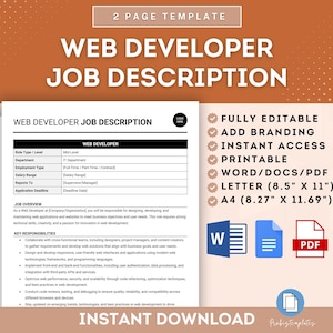 Puede incluir: Una plantilla de descripción de trabajo de desarrollador web imprimible en un esquema de color marrón claro y blanco. La plantilla es totalmente editable e incluye una descripción general del trabajo, responsabilidades clave y una sección para agregar marca. La plantilla está disponible en formatos Word, Docs y PDF y es imprimible en tamaños Letter (8.5" x 11") y A4 (8.27" x 11.69").