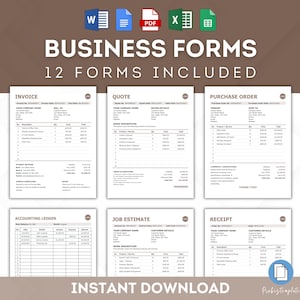 Può includere: Un set di 12 moduli aziendali stampabili, tra cui una fattura, un preventivo, un ordine di acquisto, un libro mastro, una stima di lavoro e una ricevuta. I moduli sono progettati in uno stile semplice e moderno con uno sfondo bianco e testo nero. Il testo "BUSINESS FORMS" e "12 FORMS INCLUDED" è visualizzato in un carattere grande e in grassetto nella parte superiore dell'immagine. Il testo "INSTANT DOWNLOAD" è visualizzato in un carattere più piccolo nella parte inferiore dell'image.