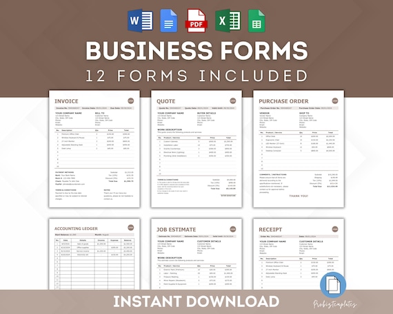 Ultimate Business Templates Bundle, 12-In-1 Business Documents, Invoice, Quote, Job Estimate, Receipt, Purchase Order, Ledger, Business Form