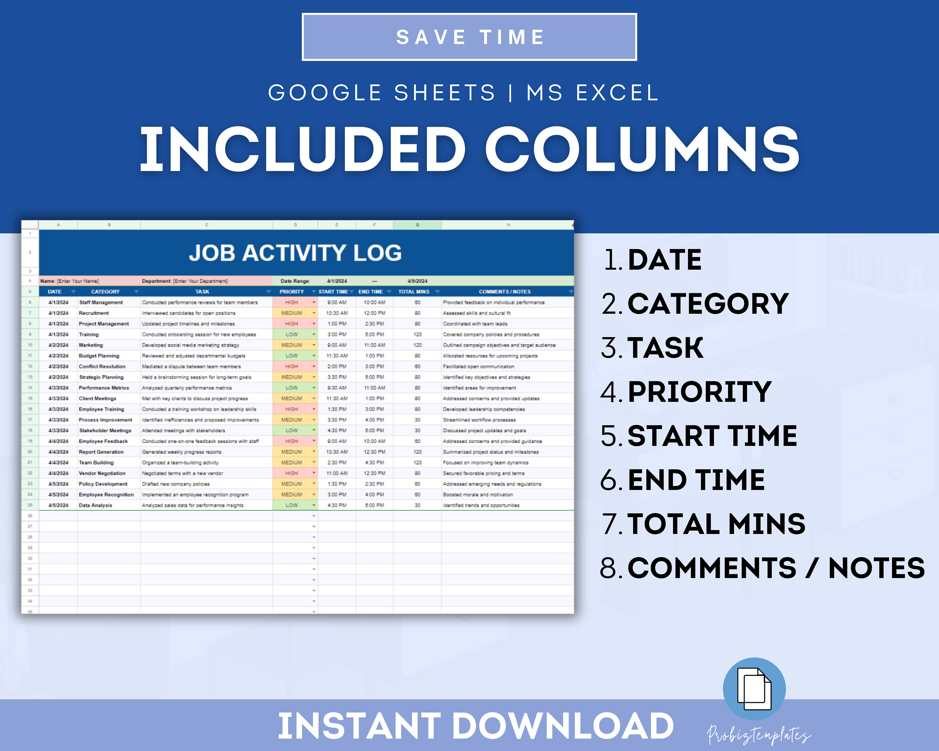 Job activity log template work task tracker daily work journal