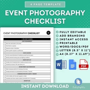May include: A checklist for event photography with a green background. The checklist includes sections for pre-event planning, scout location, create shot list, secure permits and permissions, communication with clients/vendors, and backup plan. The checklist is fully editable, printable, and available in Word, PDF, Letter, and A4 sizes.