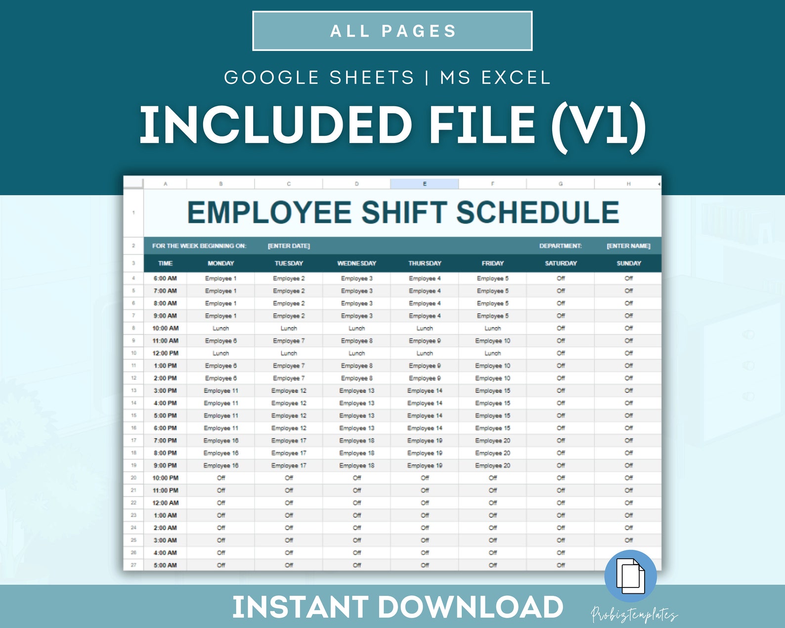 Employee Shift Schedule Spreadsheet, Work Schedule Template, Staff ...