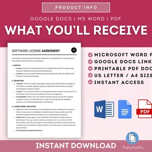 Peut inclure: Un graphique rose et blanc avec le texte "What You'll Receive" en grande police gras. Le graphique liste les fichiers t&eacute;l&eacute;chargeables inclus dans l'achat&nbsp;: fichiers Microsoft Word, liens Google Docs, documents PDF imprimables, formats US Letter et A4, et acc&egrave;s instantan&eacute;. Le graphique inclut &eacute;galement des ic&ocirc;nes pour les fichiers Microsoft Word, Google Docs et PDF.