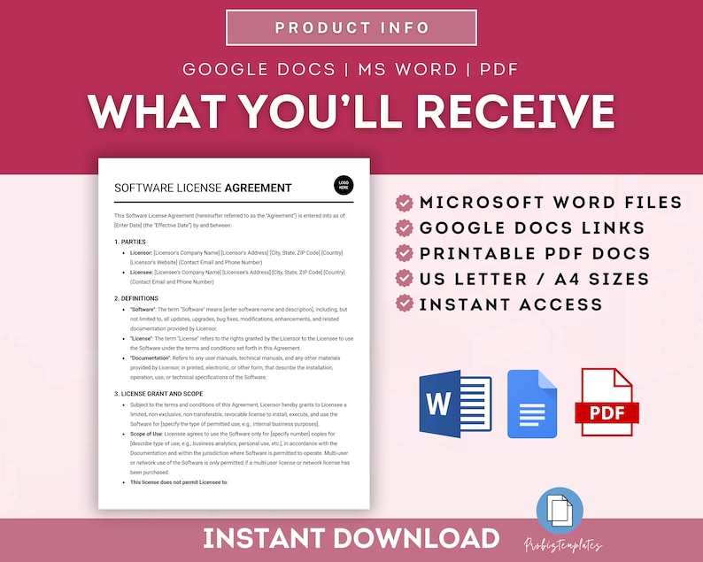 Peut inclure: Un graphique rose et blanc avec le texte "What You'll Receive" en grande police gras. Le graphique liste les fichiers t&eacute;l&eacute;chargeables inclus dans l'achat&nbsp;: fichiers Microsoft Word, liens Google Docs, documents PDF imprimables, formats US Letter et A4, et acc&egrave;s instantan&eacute;. Le graphique inclut &eacute;galement des ic&ocirc;nes pour les fichiers Microsoft Word, Google Docs et PDF.