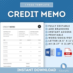 Puede incluir: Una plantilla de memo de crédito en blanco y negro con una tabla para el nombre del artículo, la tarifa, la cantidad y el total. La plantilla es totalmente editable e incluye acceso instantáneo a versiones imprimibles en formatos Word, Docs y PDF. La plantilla está disponible en los tamaños Letter (8,5" x 11") y A4 (8,27" x 11,69").