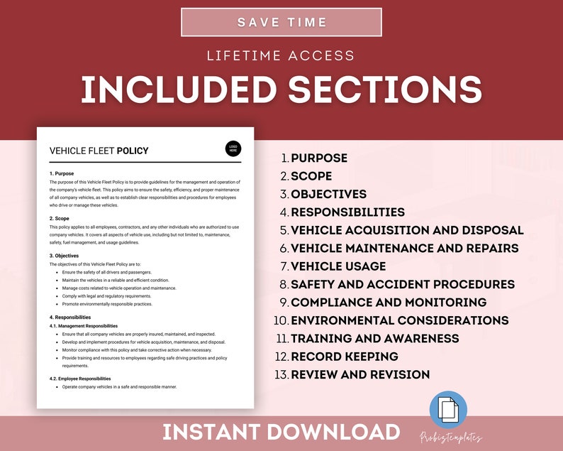 May include: A document outlining the sections of a vehicle fleet policy. The sections include purpose, scope, objectives, responsibilities, vehicle acquisition and disposal, vehicle maintenance and repairs, vehicle usage, safety and accident procedures, compliance and monitoring, environmental considerations, training and awareness, record keeping, and review and revision.