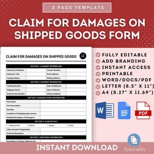 May include: A printable claim form for damages on shipped goods. The form is white with black text and includes sections for claimant information, shipment details, and damaged goods information. The form is fully editable and available in Word/Docs/PDF format, Letter (8.5" x 11") and A4 (8.27" x 11.69") sizes.