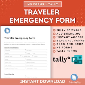 Online noodformulier voor reizigers, informatieblad voor noodgevallen voor reizen, contactkaart voor noodgevallen voor reizen, noodgegevens voor reizen, MS-formulieren en Tally