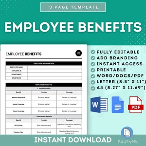 May include: A printable employee benefits template in a green, white and black colour scheme. The template includes sections for employee information, health benefits and retirement benefits. The template is available in Word, PDF and Letter sizes. The text "FULLY EDITABLE", "ADD BRANDING", "INSTANT ACCESS", "PRINTABLE", "WORD/DOCS/PDF", "LETTER (8.5" X 11")", "A4 (8.27" X 11.69")", and "INSTANT DOWNLOAD" is included on the template.