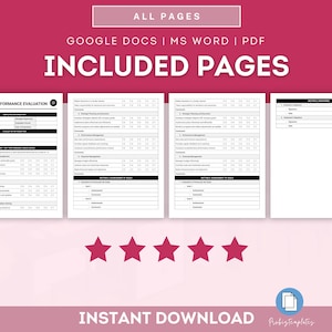 May include: A black and white printable manager performance evaluation form with sections for employee information, evaluation period, evaluator information, job title, department, position, and performance areas. The form includes sections for goal setting, performance management, and achievement of goals. The form is available for instant download in Google Docs, MS Word, and PDF formats.
