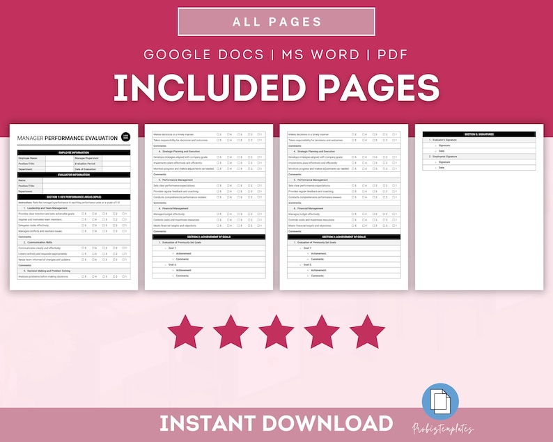 May include: A black and white printable manager performance evaluation form with sections for employee information, evaluation period, evaluator information, job title, department, position, and performance areas. The form includes sections for goal setting, performance management, and achievement of goals. The form is available for instant download in Google Docs, MS Word, and PDF formats.