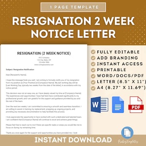 Plantilla de carta de aviso de 2 semanas de renuncia, carta de renuncia de aviso de dos semanas, carta de aviso formal de 2 semanas, carta de aviso de dos semanas para empleado