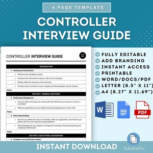 May include: A blue and white printable interview guide template for a Controller position. The template includes sections for greeting and introduction, general questions, professional background, role understanding, and educational background. The template is fully editable, printable, and available in Word, PDF, Letter, and A4 sizes.