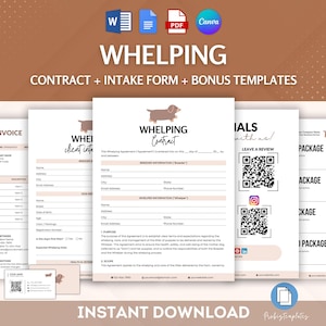 May include: A digital download of printable templates for a whelping contract, client intake form, and bonus templates. The templates feature a brown and white dachshund illustration.