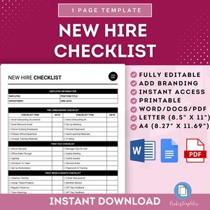 New Hire Checklist Template, HR New Employee Form, HR New Hire Form, Hiring Checklist, Human Resources Templates Forms, Onboarding Template