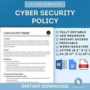 Puede incluir: Una plantilla de descarga digital azul y blanca para una política de ciberseguridad. La plantilla es totalmente editable, imprimible e incluye opciones de marca. El texto en la plantilla dice "Cyber Security Policy" y "Descarga instantánea".