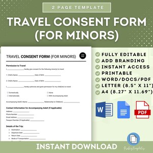 Formulario de consentimiento de viaje para menores, Formulario de autorización de viaje para menores, Permiso de viaje para niños, Consentimiento del tutor Consentimiento de los padres para viajes de menores