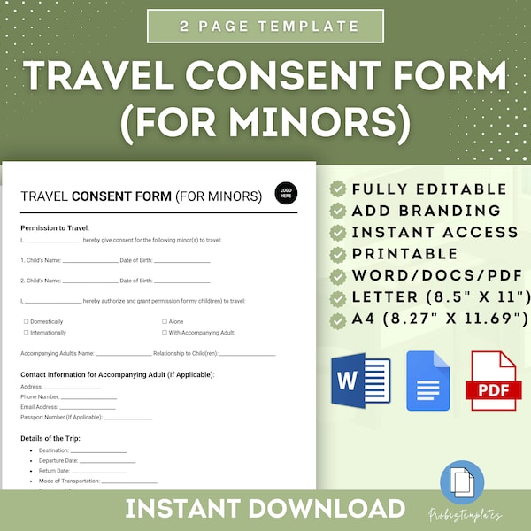 Travel Consent Form For Minors, Minor Travel Authorization Form, Child Travel Permission, Guardian Consent Parental Consent For Minor Travel