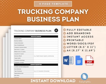 Op de afbeelding: Een afdrukbare sjabloon voor een bedrijfsplan voor een transportbedrijf in zwart-wit. De sjabloon bevat secties voor de samenvatting, de bedrijfsomschrijving en de financiële prognoses. De sjabloon is beschikbaar in Word, PDF en Letter-formaat.