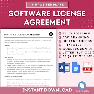Software License Agreement Template, Software Use Contract, Licensing Terms, Software Licensing Agreement, Software Usage Agreement Template