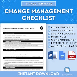 May include: A blue and white checklist template for change management. The checklist includes five sections: Define the Change, Develop a Change Management Plan, Assess Impact and Risks, Communicate Effectively, and Engage Stakeholders. The template is fully editable, printable, and available in Word, PDF, Letter, and A4 sizes.
