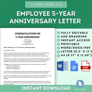 Felicitaciones Carta de aniversario de 5 años, Carta de hito de 5 años de empleado, Carta de aniversario de servicio de 5 años, Carta de aniversario de trabajo