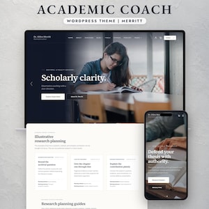 May include: A digital display of the Academic Coach WordPress theme named Merritt, featuring a laptop screen showing a website with the text Scholarly clarity and a smartphone screen displaying the text Defend your thesis with authority.