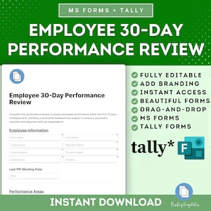 Employee 30-Day Performance Review Online Form, Employee Evaluation Form, Employee Feedback, Employee Goals Feedback Form, MS Forms & Tally
