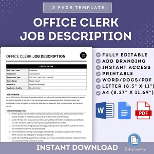 May include: A printable Office Clerk Job Description template in Word, Docs, and PDF formats. The template is fully editable and includes sections for role type, department, employment type, salary range, reports to, application deadline, job overview, and key responsibilities. The template is available in Letter (8.5" x 11") and A4 (8.27" x 11.69") sizes.