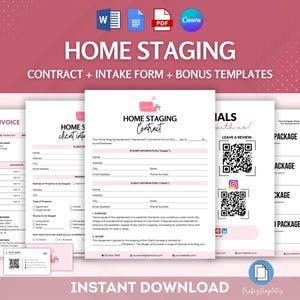 May include: A pink and white printable home staging contract, intake form, and bonus templates. The templates include a contract, intake form, invoice, testimonials, and package options. The text "HOME STAGING" is in a large, bold font at the top of the page.