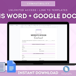 以下が含まれることがあります： Google Docs のウィンドウでウェブサイトデザイン契約書テンプレートが表示されているラップトップの画面。テンプレートは Microsoft Word と Google Docs の両方と互換性があります。画面のテキストは「ウェブサイトデザイン契約書」です。